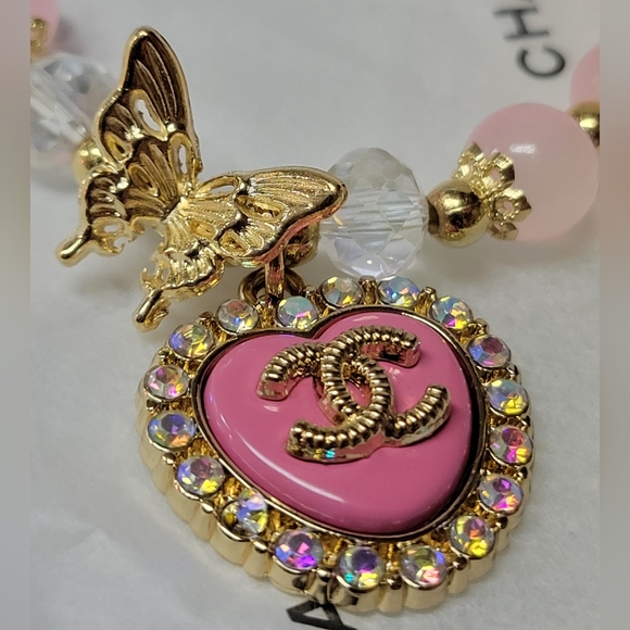 Pink and Gold Stretch Bracelet With Chanel Heart Charm, New - Picture 1 of 3